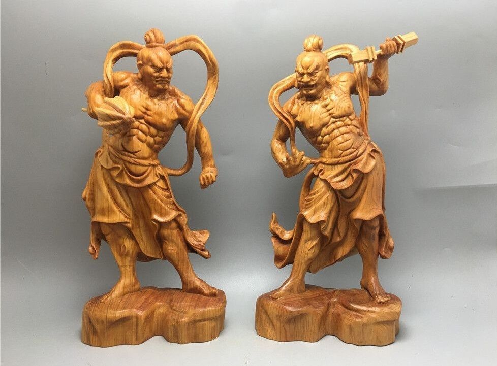 人気品木彫り仏像 金剛力士像 立像 二体一対 天然 崖柏木 仁王像 護法善神 置物/仏壇/風水開運/厄除け 高さ20cm 2個セット