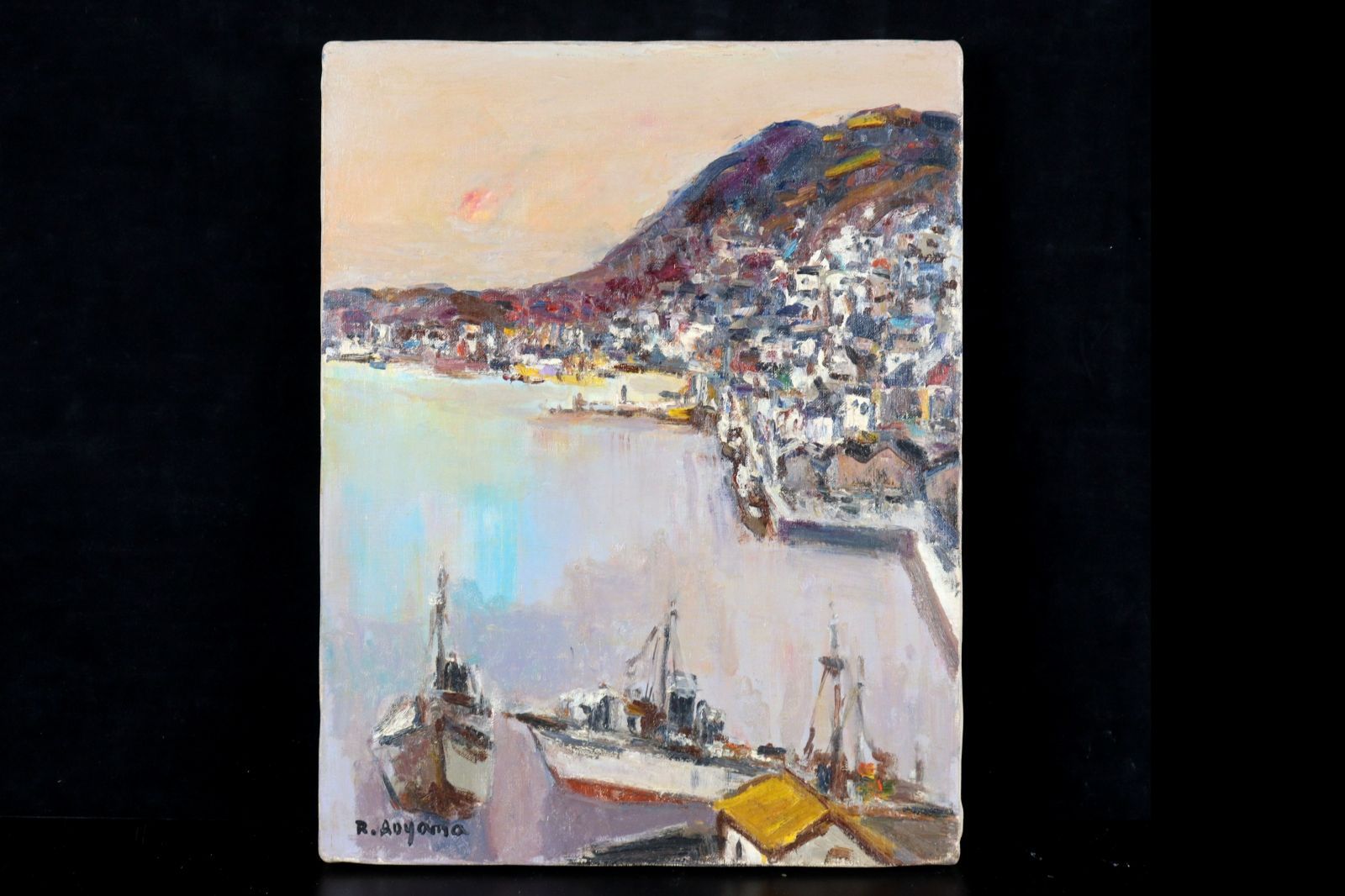 ▽ 青山龍水 「長崎」肉筆油彩6号 タトウ箱 唐物 骨董 小売業者 古美術