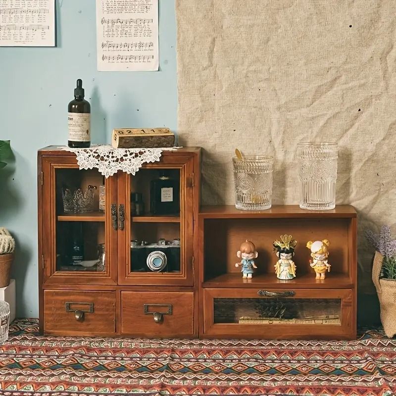 アンティーク　木製キャビネット ガラス扉付き 引き出し付き Amazon.co.jp: キャビネット ガラス アンティーク クラシック