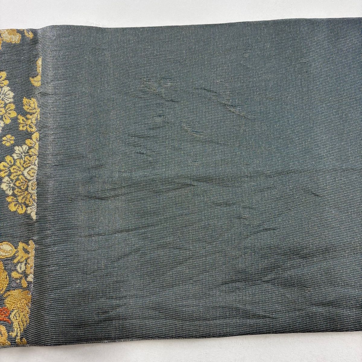 【送料無料ライン/39ショップ】 袋帯 美品 六通 青緑 箔 金糸 向かい鳥 華文 御陵織 落款 秀品 着物・浴衣