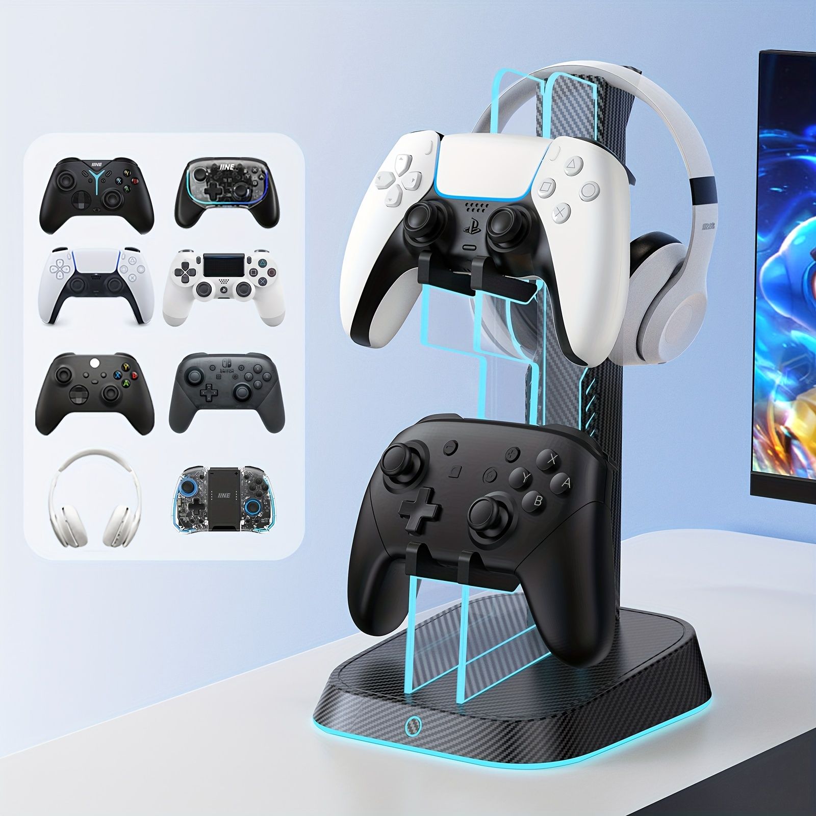 IINEデュアルコントローラーヘッドセットスタンド RGBライティング インラインスケートホイールタイプ ABS素材 PS4|PS5|Xboxコントローラーおよびヘッドセット用の汎用ゲームアクセサリー収納ホルダー