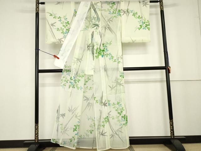 平和屋着物＊夏物 小紋 紗 手描き 笹竹文 洗える着物 AAAV0122cs