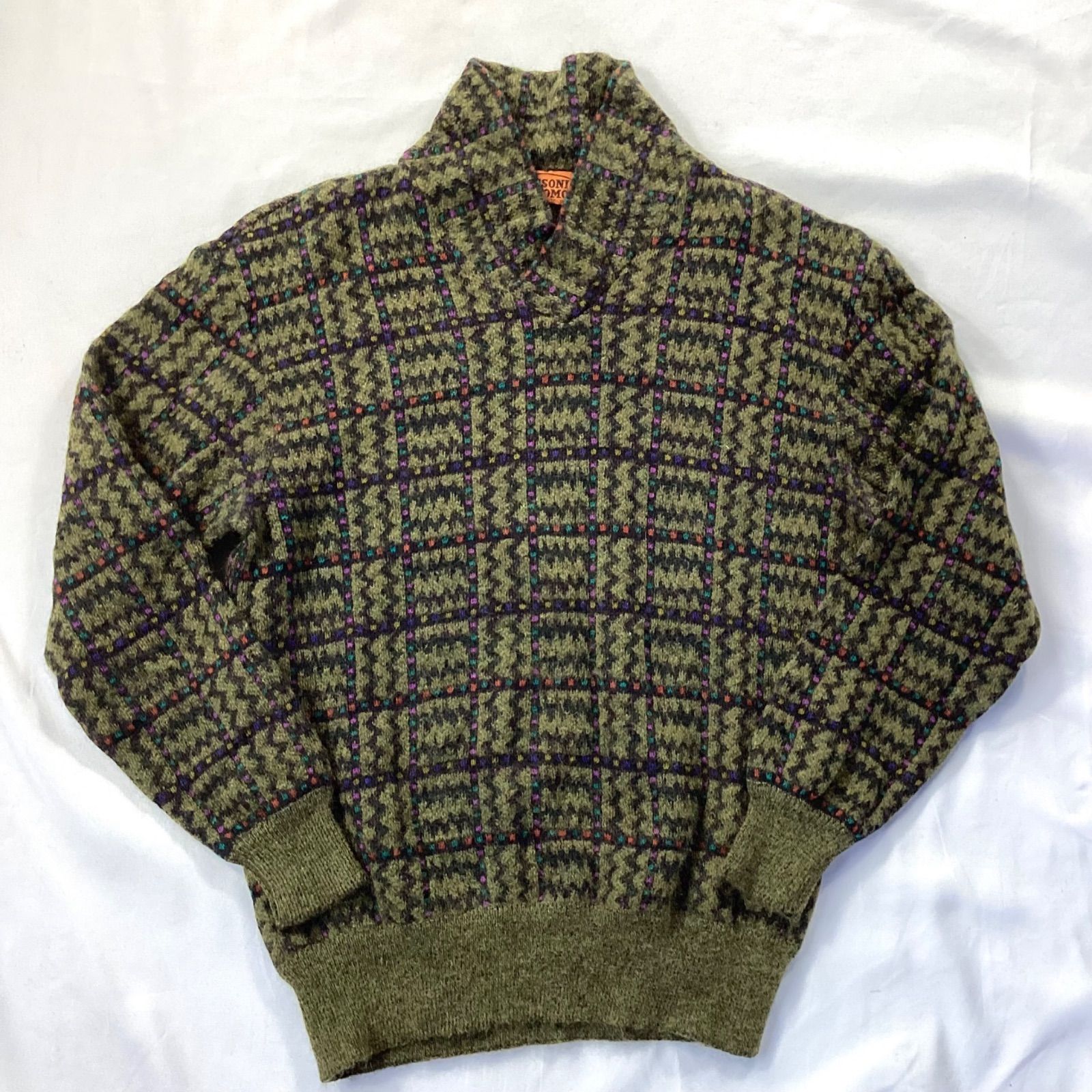 ヴィンテージ ミッソーニ Vintage MISSONI 総柄 カシミヤ シルク ニット カットソー 半袖 クルーネック プルオーバー 幾何学柄 46 ブルー MISSONI - Vintage MISSONI 総柄 カシミヤ シルク ニット