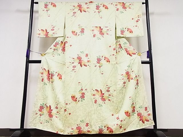 平和屋-こころ店□上質な小紋 舞蝶花文 着丈158cm 裄丈65cm 正絹 逸品