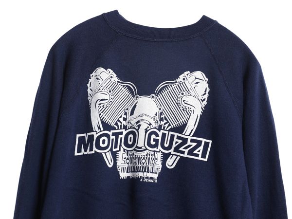 なクーポン配布中! 70s モト グッツィ イラスト プリント スウェット L 小さめ メンズ S 程 ヴィンテージ バイク グラフィック トレーナー 裏起毛 紺