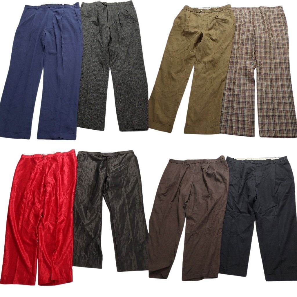 古着卸 まとめ売り スラックス パンツ 8枚セット (メンズ 42 /40 /38 ) サテン チェック 無地 2タック ストレート 中古 古着 MX7531