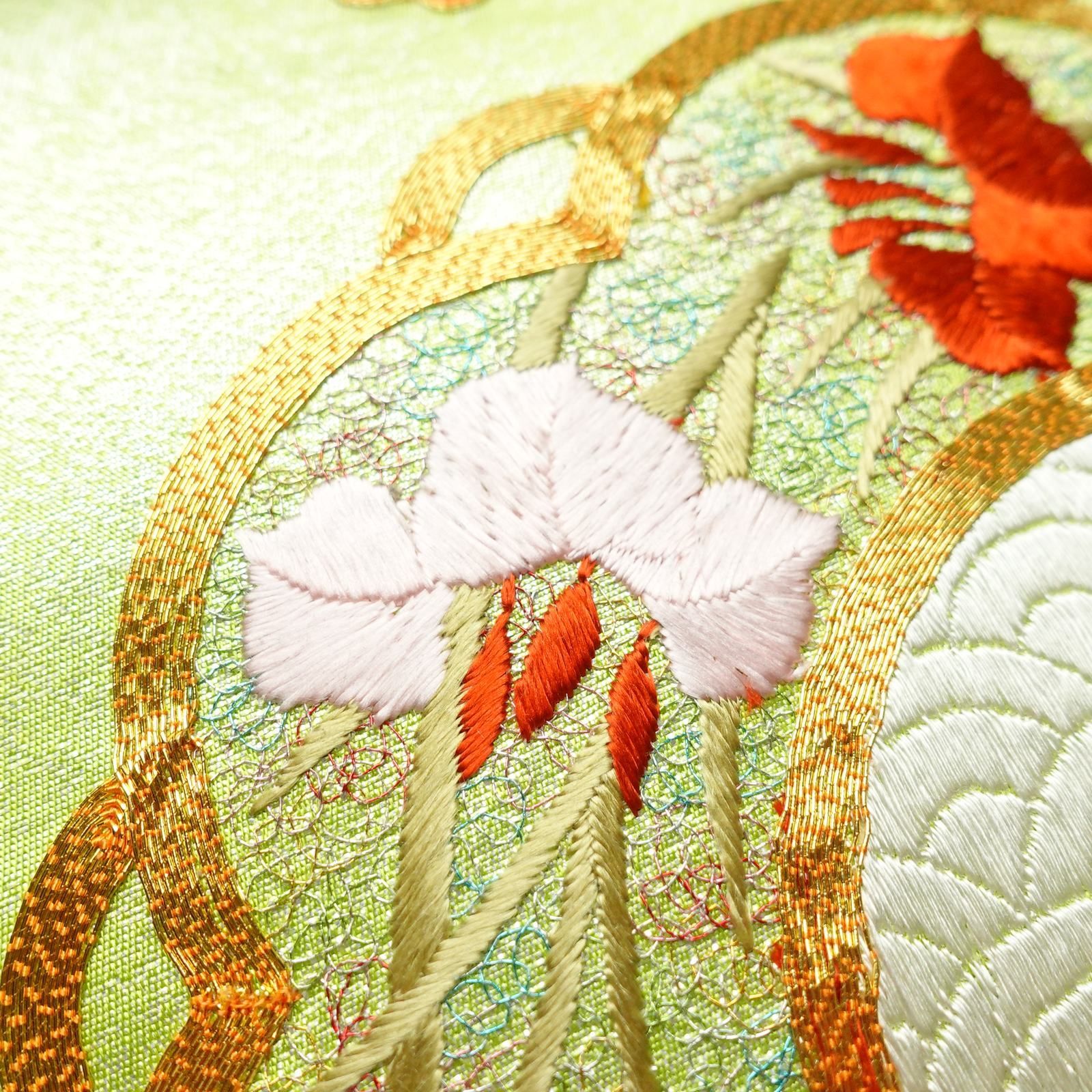 【限定特価】 金色 花柄刺繍 袋帯ゴールド着物帯 着物・浴衣