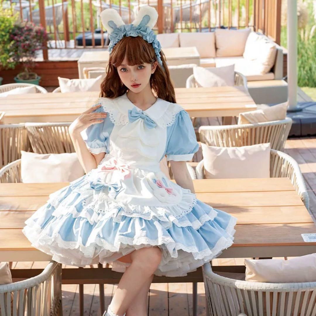 かわいいうさぎ耳カチューシャ付きひざ丈ワンピース普段着にもメイド風コーデにも
