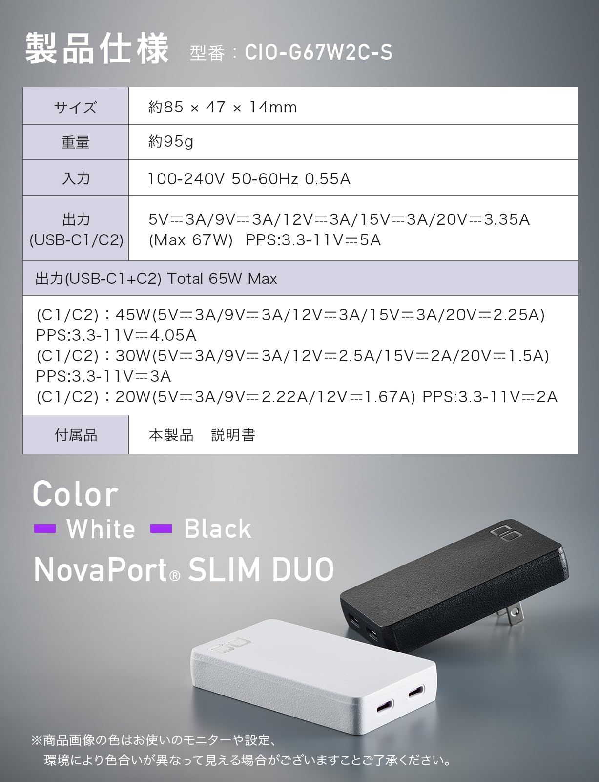 CIO NovaPort SLIM DUO 67W 2C [極薄 14ｍｍ CIO独自技術 NovaIntelligence搭載] PD GaN