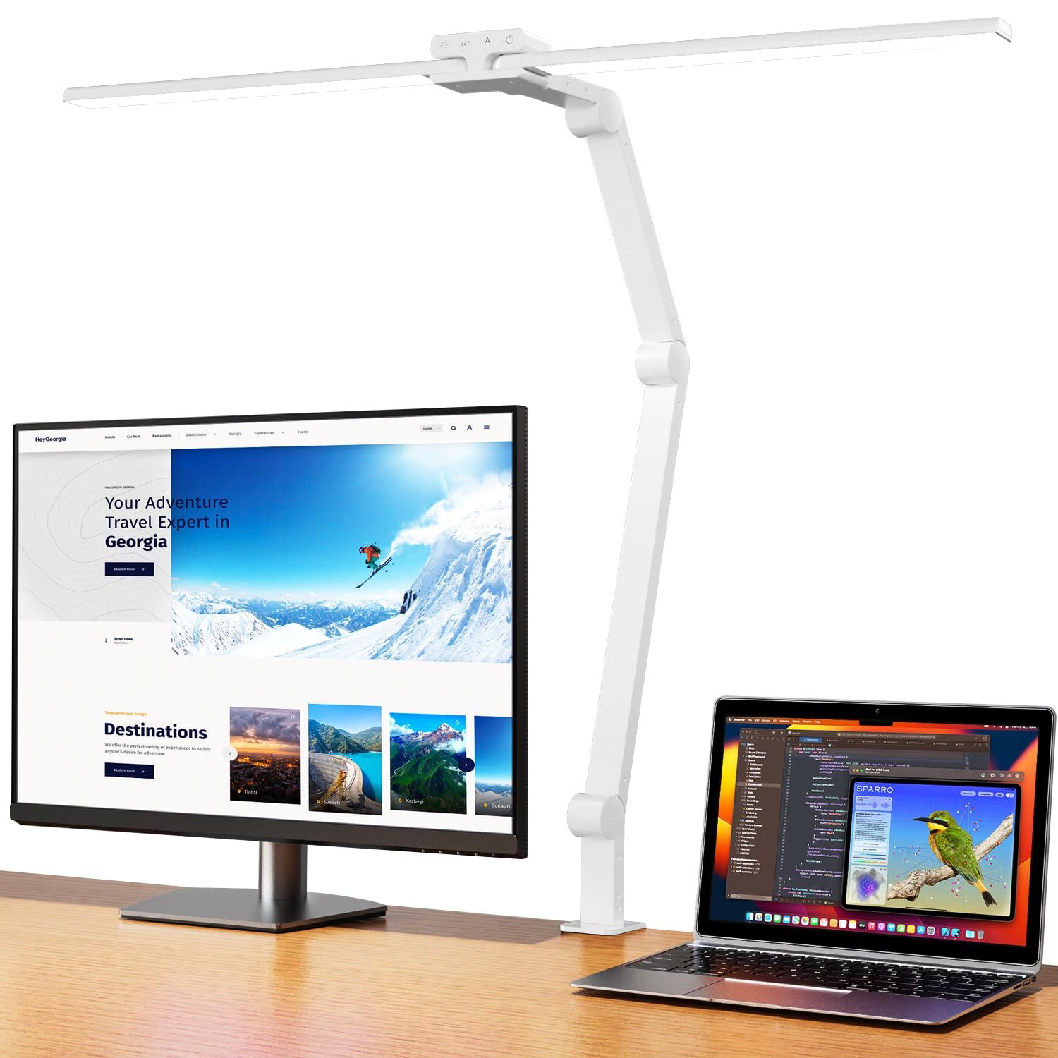 デスクライト 24Wダブルライトバー 80cm幅広いLED電気スタンド KableRika可動域広いアーム クランプ式卓上ライト 360度回転 スタンドライト タッチパネル 色温度４段階 明るさ４段階 自動調光 30分タイマー RA95 テレワーク 勉強 細
