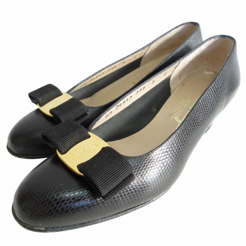 サルヴァトーレフェラガモ Salvatore Ferragamo レザー パンプス シューズ ヴァラリボン リザード型押し ゴールド金具 黒 ブラック 5C 約24cm IBO62