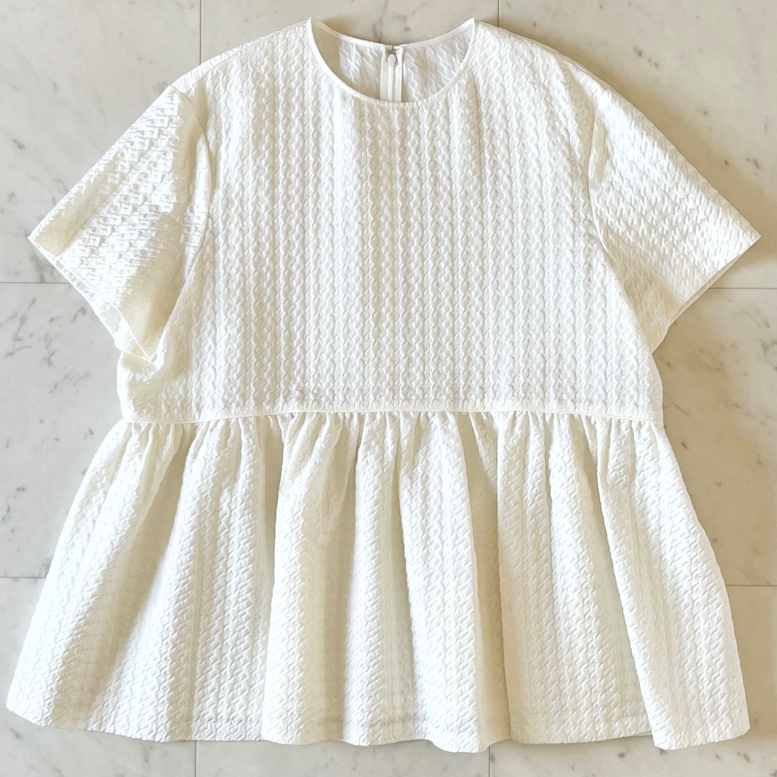 定価3 1万 サイズ R アール 23区 ハウンドトゥースジャカードペプラムブラウス 48 XXL相当 大きいサイズ オフホワイト 白 半袖 トップス レディース