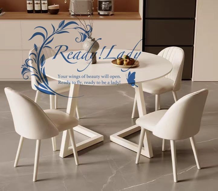 ダイニングテーブルセット ４人用 丸型 大理石テーブル カフェテーブル 丸テーブル サイドテーブル 食卓 クリーム風 円卓 リビングテーブル 岩板天板 傷 汚れ 水 熱に強い パソコンデスク エレガント テーブル イス-5点セット 110cm