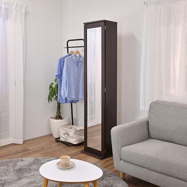 飛散防止ミラー付き ストッカー/マルチ収納棚 〔木目ホワイト〕 高さ170cm コンパクト 〔本棚 CD 衣類収納〕