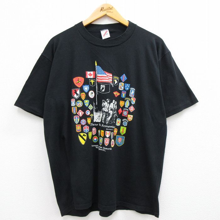 XL/古着 半袖 ビンテージ Tシャツ メンズ 90s 星条旗 ベトナム戦争没者慰霊碑 クルーネック 黒 ブラック spe 22jul18 中古