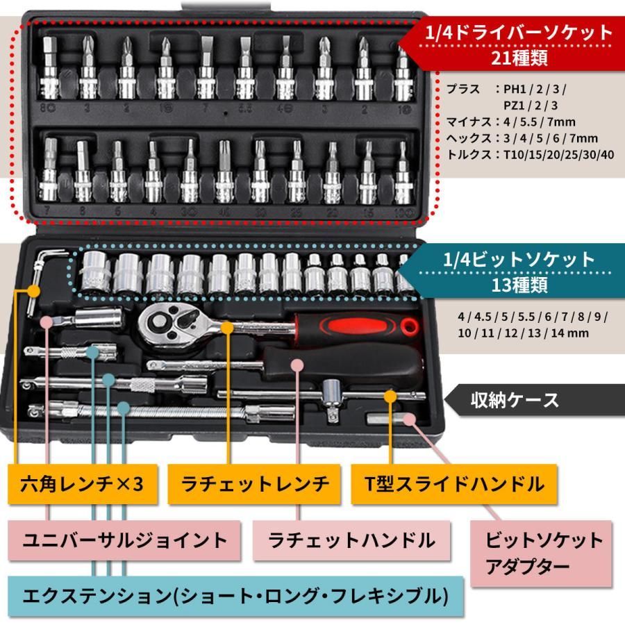ソケットレンチ セット 46点 六角 サイズ ロング 工具セット 格安 家庭用 バイク diy 車用 日曜大工 安い ラチェットレンチ thumbnail 3
