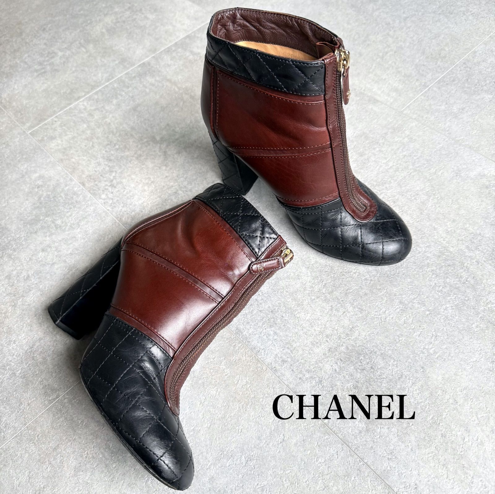 CHANEL シャネル マトラッセ ココマーク ジップアップブーツ レザー ブラウン ブラック バイカラー 37C 24cm