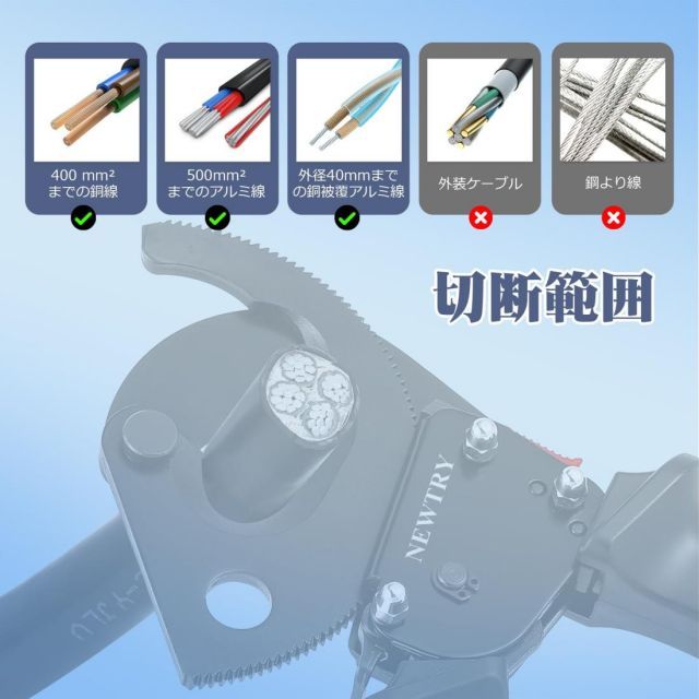 NEWTRY ケーブルカッター ラチェット式 TCR-500S 伸縮 な持ち手 ケーブルシザース ケーブルニッパー 切断能力 400mm²銅線 500mm²アルミ線 外径40mm銅被覆アルミ線 説明書付き HRDEVELOPMENT_JP