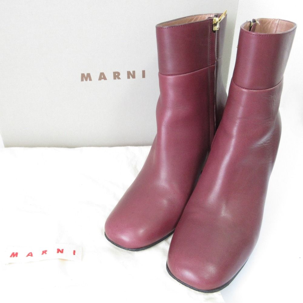 MARNI マルニ レザー ハイヒール スクエアトゥ サイドジップ アンクルブーツ ショートブーツ 38 24cm相当 ボルドー レディース 古着