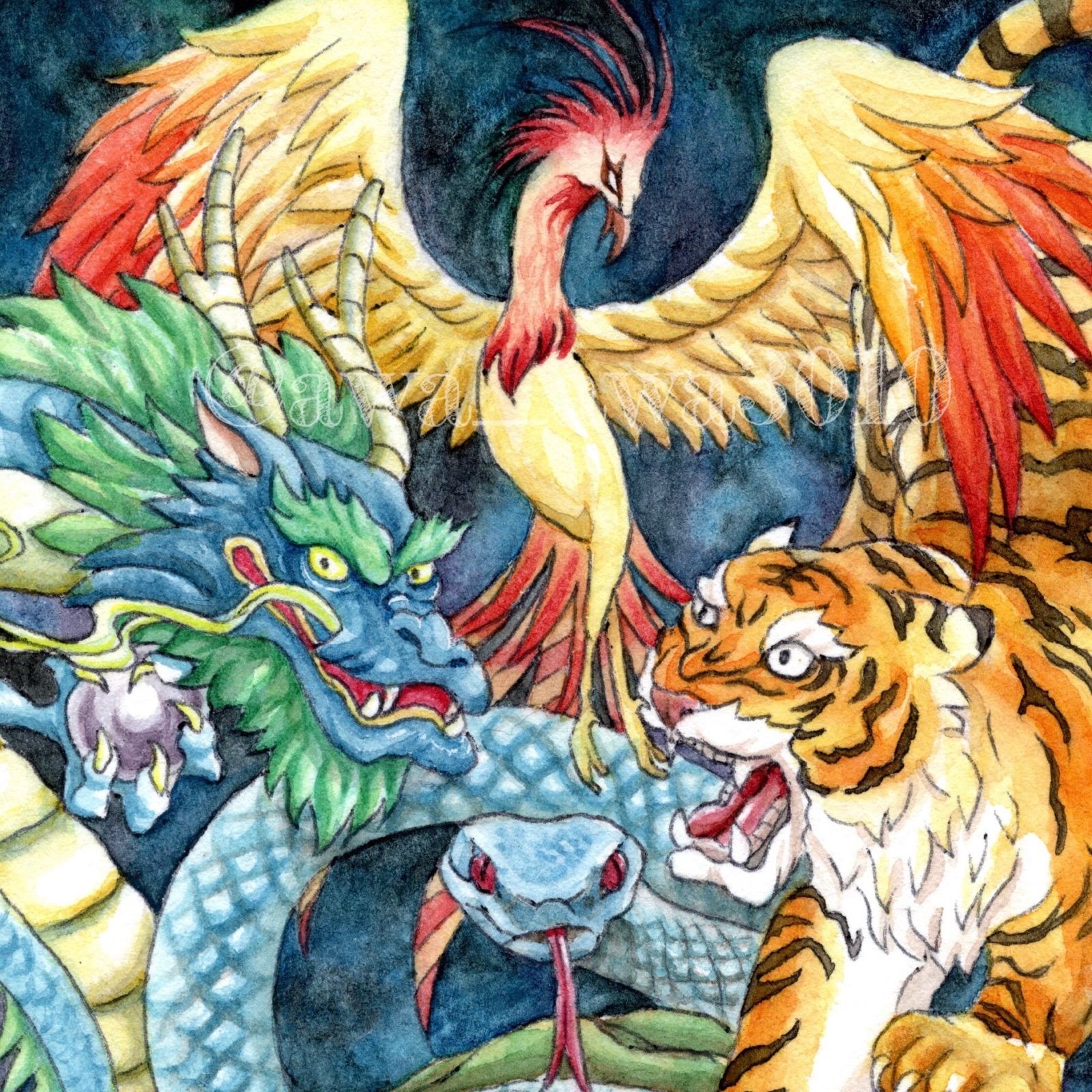 メルカリshops 四神 ポストカード 霊獣 四獣 絵はがき 白虎 青龍 玄武 朱雀 妖怪イラスト