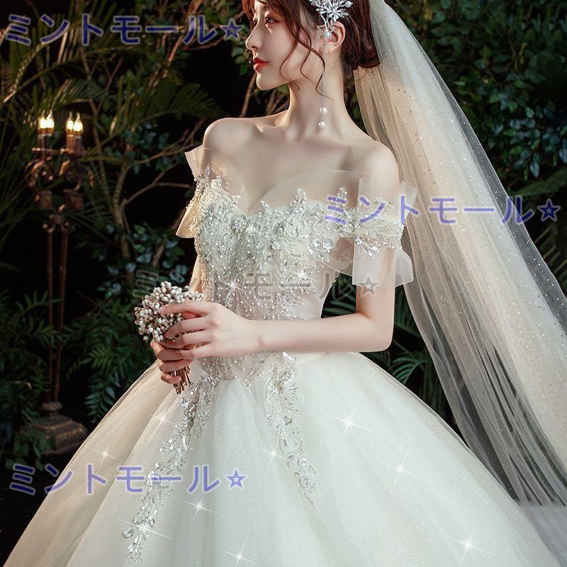ウェディングドレス 二次会 結婚式 披露宴 ブライダル ロングドレス フレンチスリーブ 花嫁 ウエディングドレス プリンセスライン オフホワ