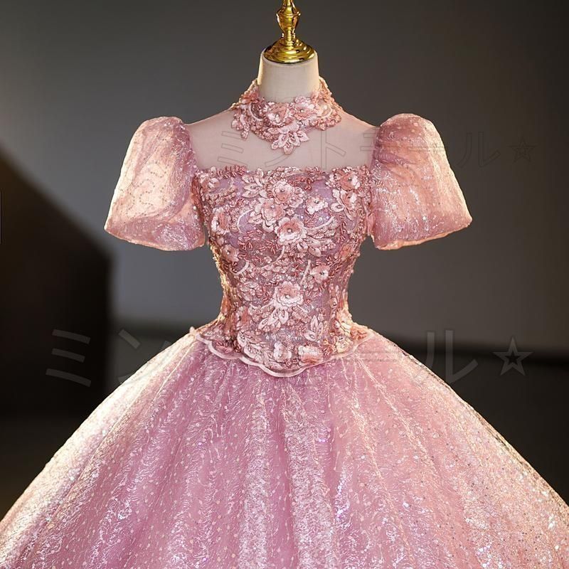 カラードレス 編み上げ ピンク パフスリーブ ロングドレス 結婚式 二次会 発表会 演奏会 ウェディングドレス ウエディングドレス 前撮り プ