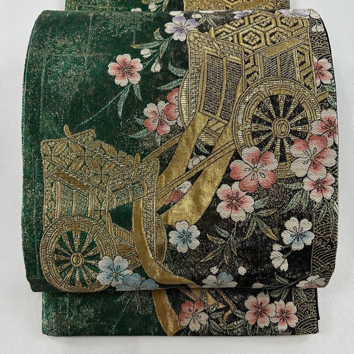 袋帯 美品 秀品 振袖向き 御所車 桜 金糸 箔 緑 六通 正絹