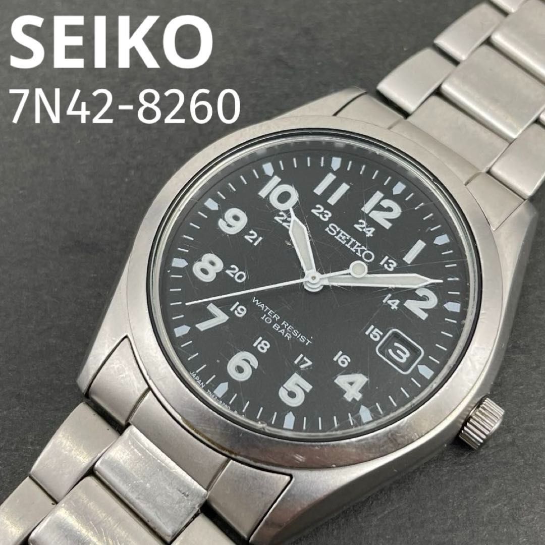 セイコー　スピリット　7N42-8260 動作OK】SEIKO 7N42-8260 黒文字盤 メタルブレス ミリタリーウォッチ