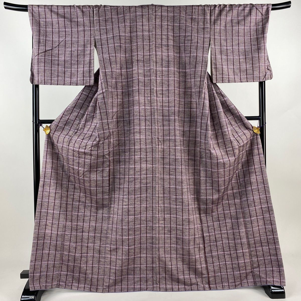 紬 身丈167cm 裄丈72cm L 袷 格子 幾何学模様 華織 紫 正絹 美品