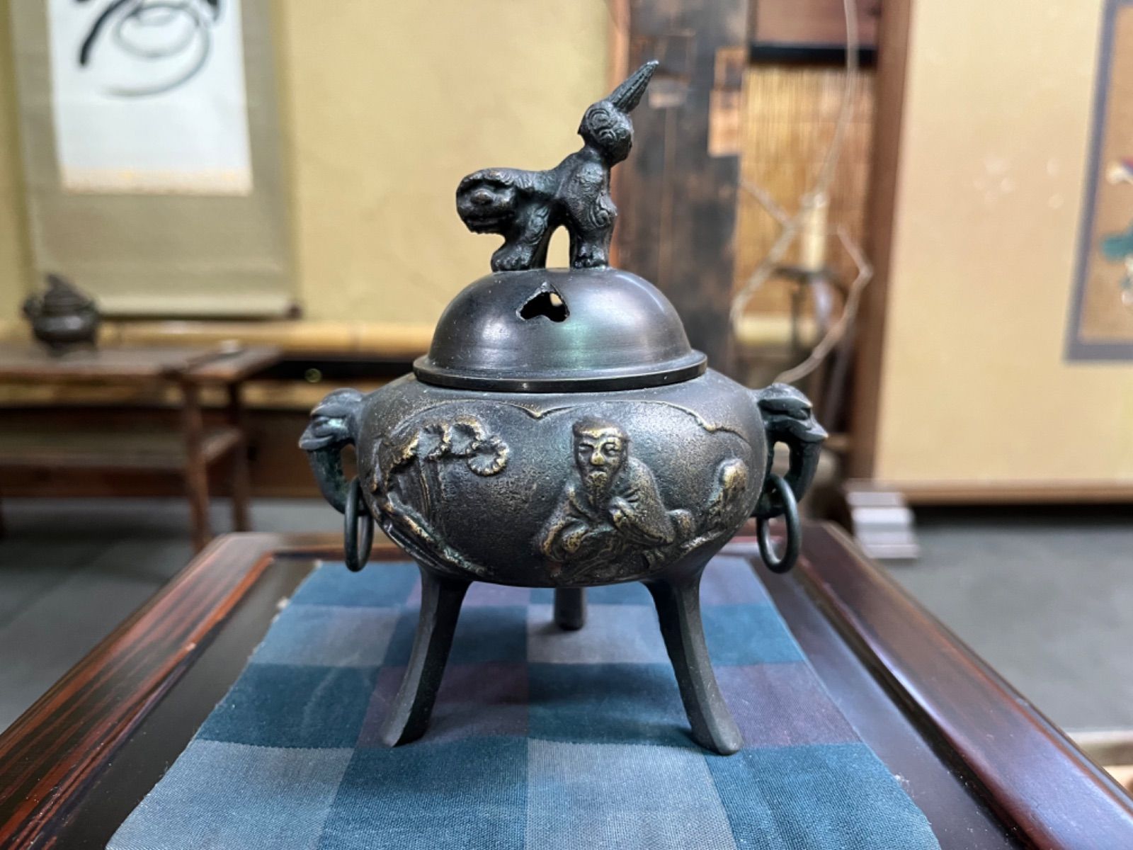 茶道具　三つ足香炉　獅子蓋　銅製　金属工芸　 香道具 茶道具 三つ足香炉 獅子蓋 銅製 金属工芸 香道具