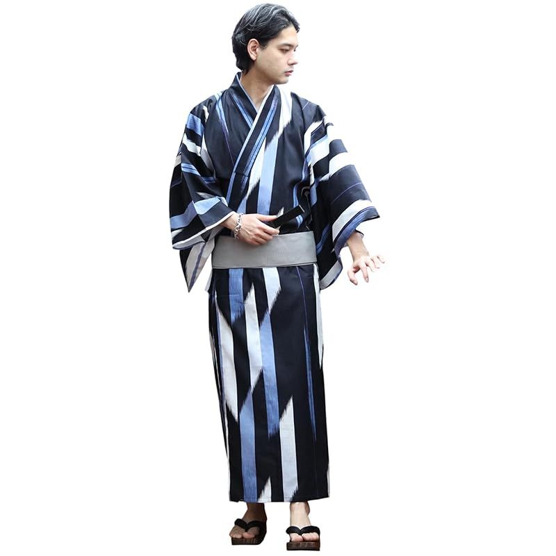 8 eight エイト 和柄 総柄 浴衣 3点セット メンズ 浴衣 帯 下駄 コットン 矢絣ネイビーM