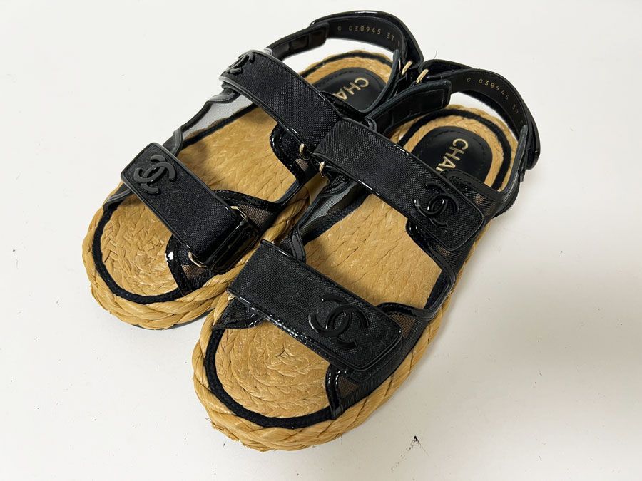 CHANEL シャネル レディース サンダル 靴 シューズ メッシュ パテント カーフスキン ブラック 22P サイズ 37 G38945 Y55799 94305