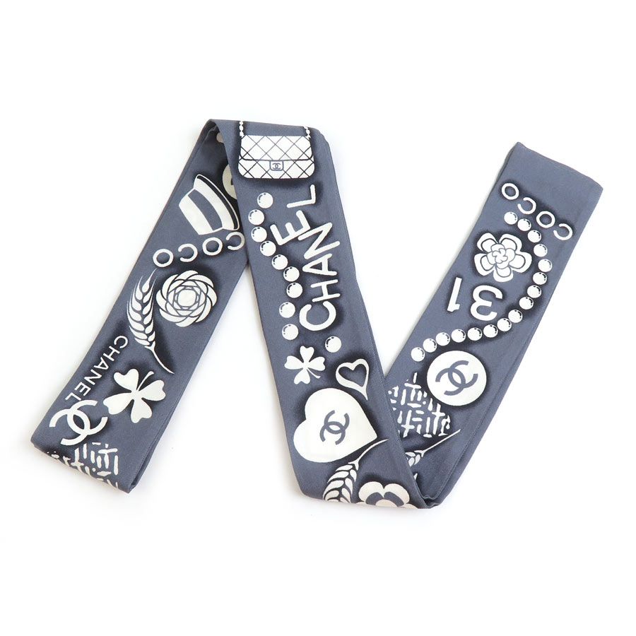 CHANEL リボンスカーフ 青 CHANEL シャネル スカーフ リボン ブルー 青