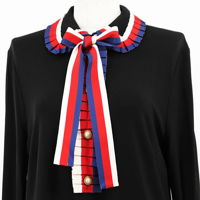 GUCCI グッチ ワンピース リボン シェリーライン GG ロゴ インターロッキング フェイクパールボタン レーヨンジャージー ストレッチ ガーメント ハンガー付属 レディース サイズ XL ブラック トリコロール 黒 イタリア製