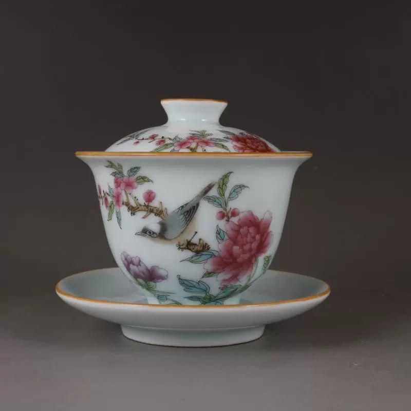 パステル鳥語花香紋三才蓋碗 中国茶器 景徳? 蓋付き茶器 飲茶
