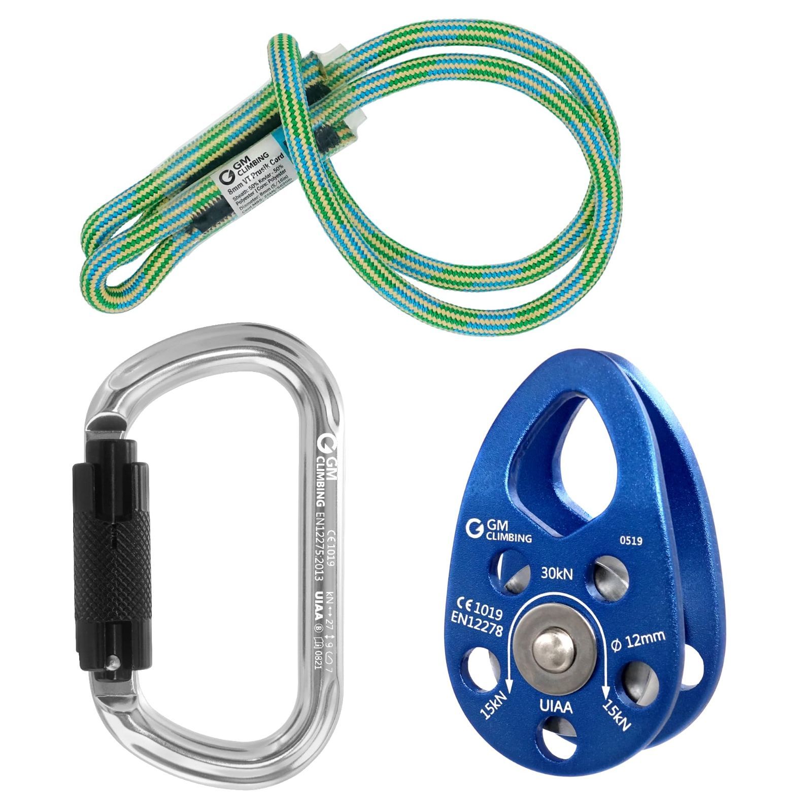 GM CLIMBING ヒッチ スラックテンディング プーリー キット 25kN | 30kNマイクロプーリー - 8mmプルージック - 27kN O型ロッキングカラビナ セット アーボリスト ダブルロープクライミングシステム用 CE UIAA 認