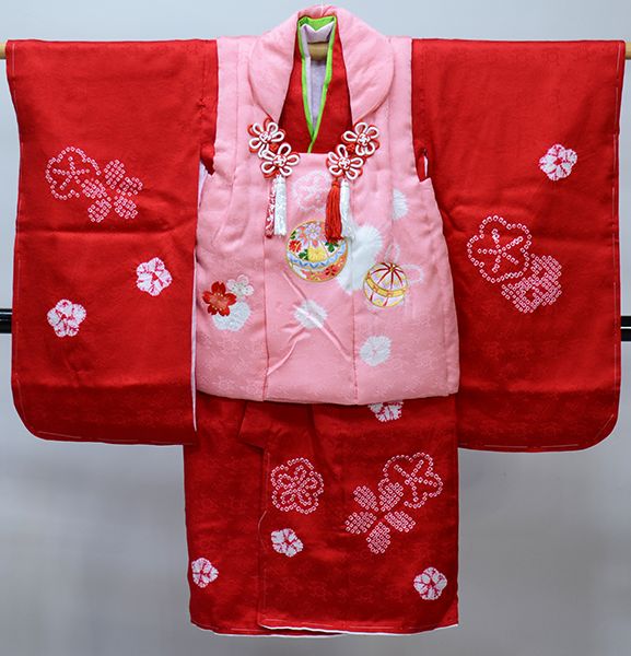 七五三 三歳 女児 被布着物セット 正絹 夢想 絞り 被布に刺繍 ピンク×赤 3歳 3才 三才 女の子 祝着 NO39754