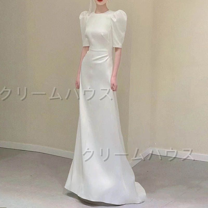 ウェディングドレス 七分袖 バックレス 二次会 白 袖付きのスレンダードレス ロングトレーン フォト婚 二人婚 ロケーショ