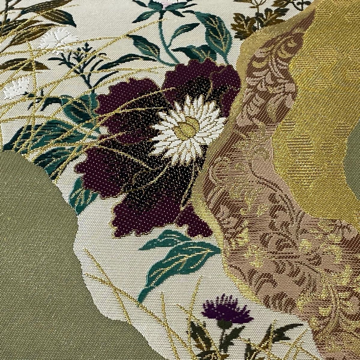 袋帯 秀品 道長取り 草花 金糸 箔 灰緑 六通 正絹 【中古