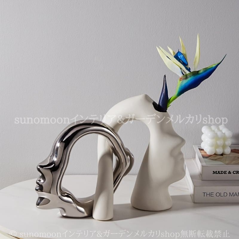 花瓶 フェイス シルエット フラワー ベース 北欧 砂目 仕上げ おしゃれ かわいい インテリア 花器 観葉植物 一輪挿し 白 シルバーユニーク