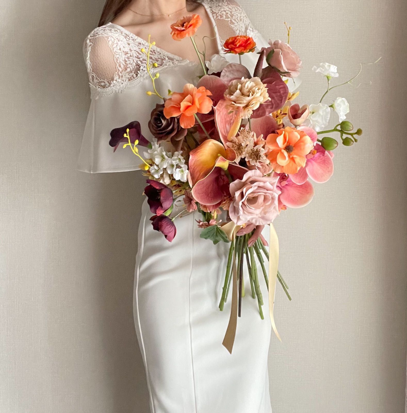 アーティフィシャルフラワー ブーケ&ブートニア オレンジピンク くすみ