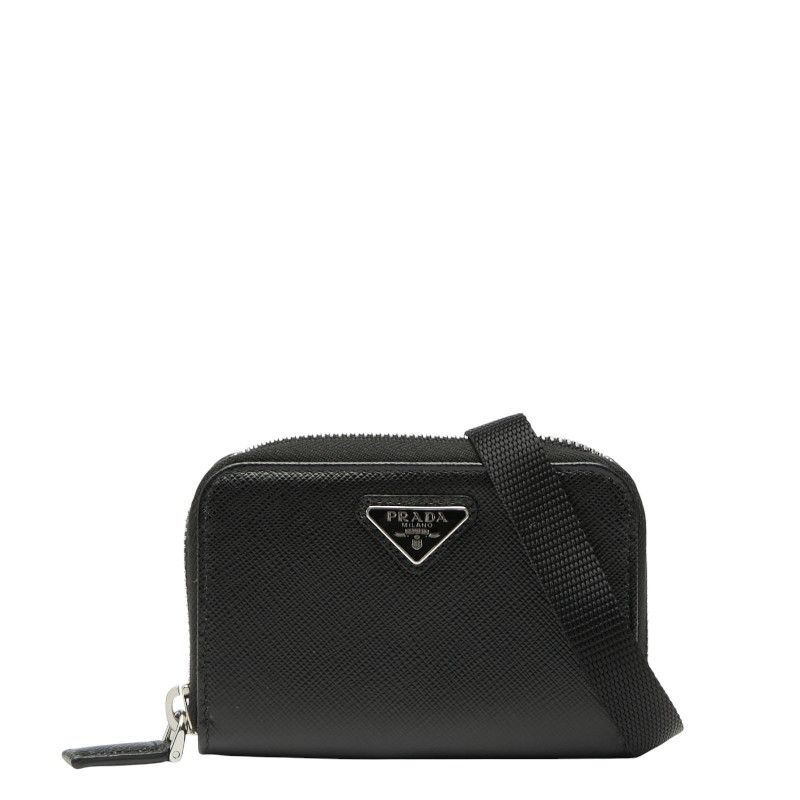 プラダ 三角ロゴプレート コインケース カードケース ショルダーウォレット ブラック サフィアーノ レザー レディース PRADA 1-0235666
