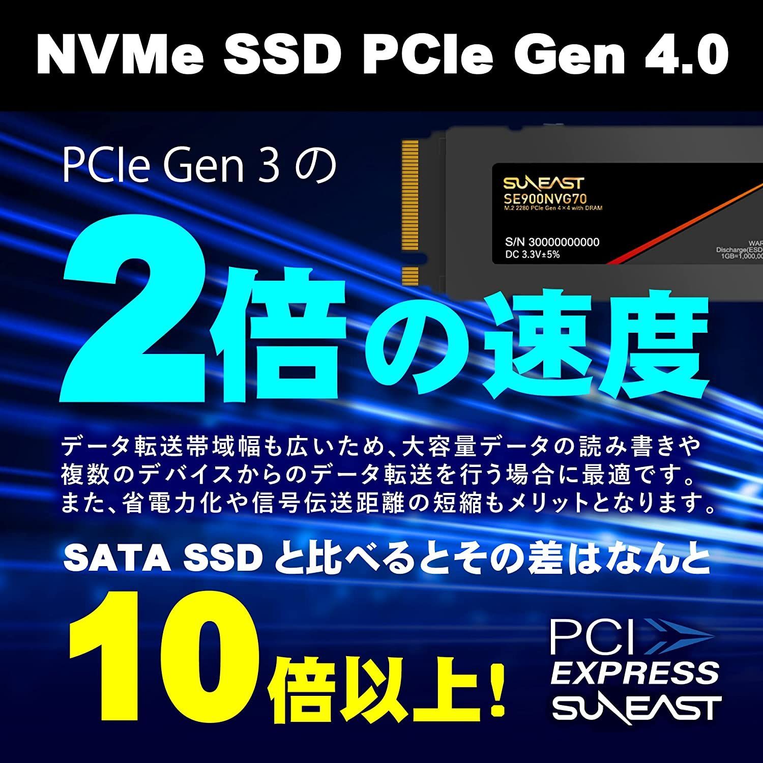 SUNEAST 1TB NVMe SSD PCIe Gen 4.0×4 DRAM搭載(R: 7,000MB/s W：5,000