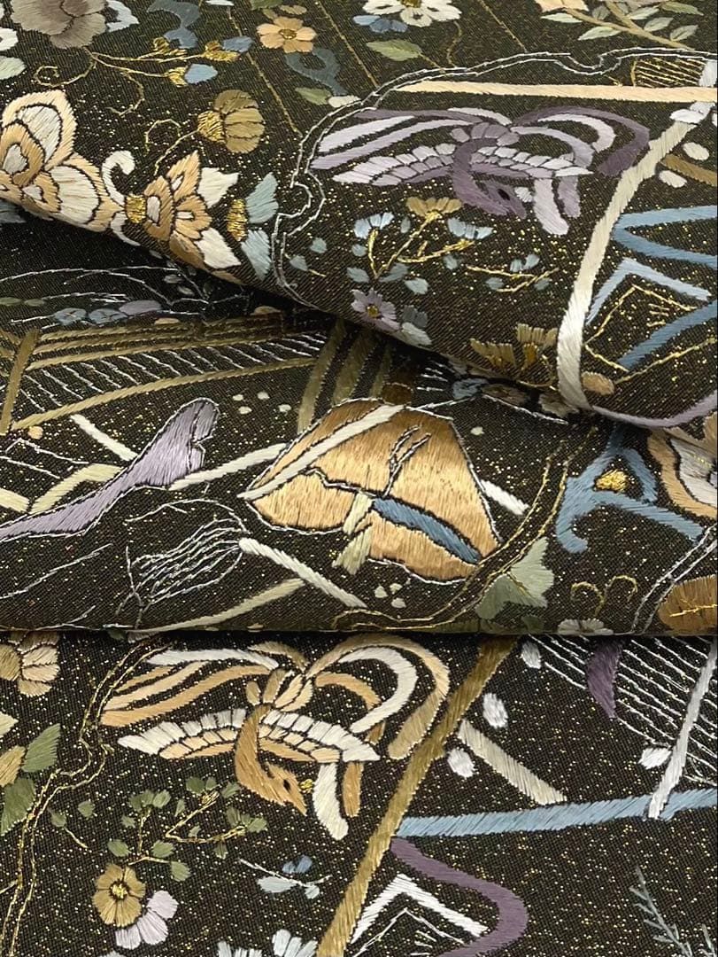 蘇州刺繍 汕頭刺繍 明綴れ地 袋帯 鳳凰 鳥 雪輪 金通し 正絹 六通 Q894
