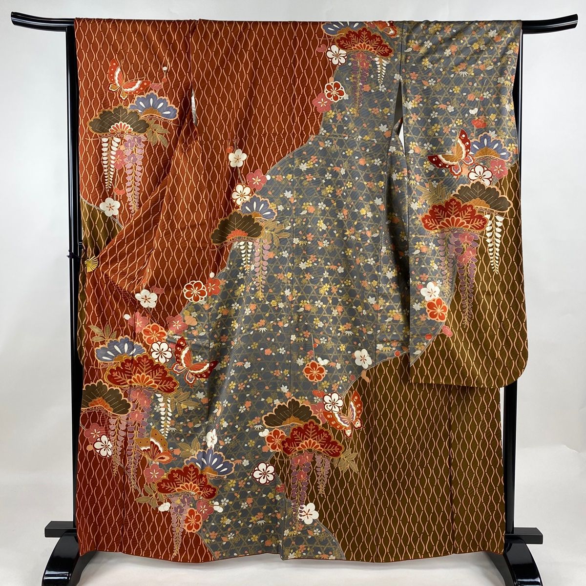 振袖 身丈165cm 裄丈66cm M 袷 笠松 蝶 金糸 金彩 赤茶 正絹 名品  