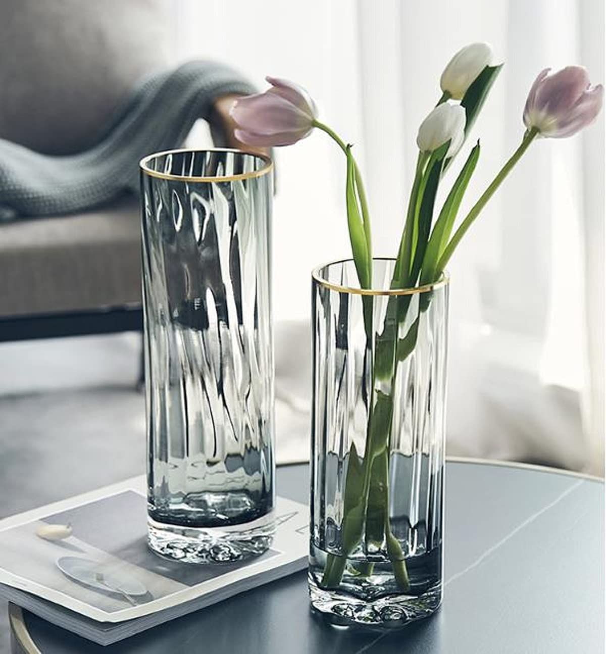 フラワーベース 花瓶 ガラス 透明 シリンダー 円柱 グレー 花器