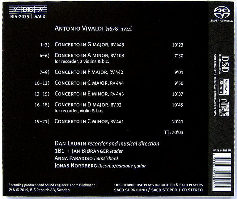 BIS-SACD-1605 ダン・ラウリン、アルテ・デイ・スォナトーリ、ヴィヴァルディ: 協奏曲集 四季、リコーダー協奏曲他 SACD