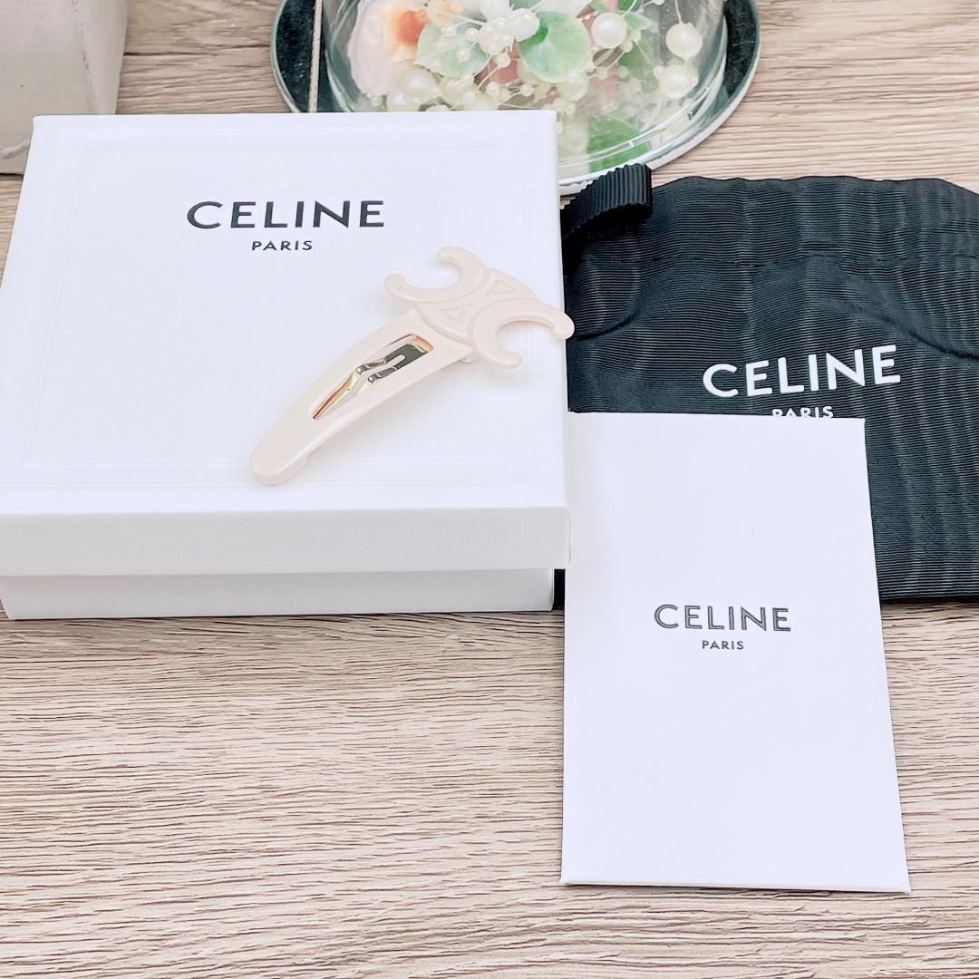セリーヌ CELINE トリオンフ ラージ スナップ ヘアクリップ アセテート＆スチール アイボリー ゴールド ヘア 髪留め