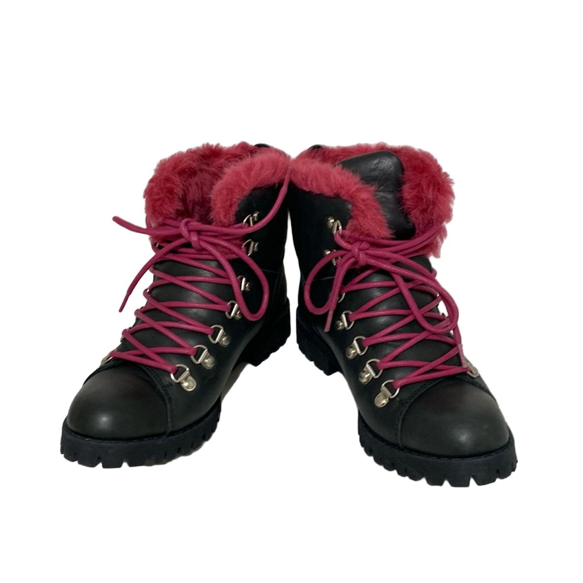 LIMI feu リミフゥ ショートブーツ L レディース - 黒×ボルドー レザー フェイクファー