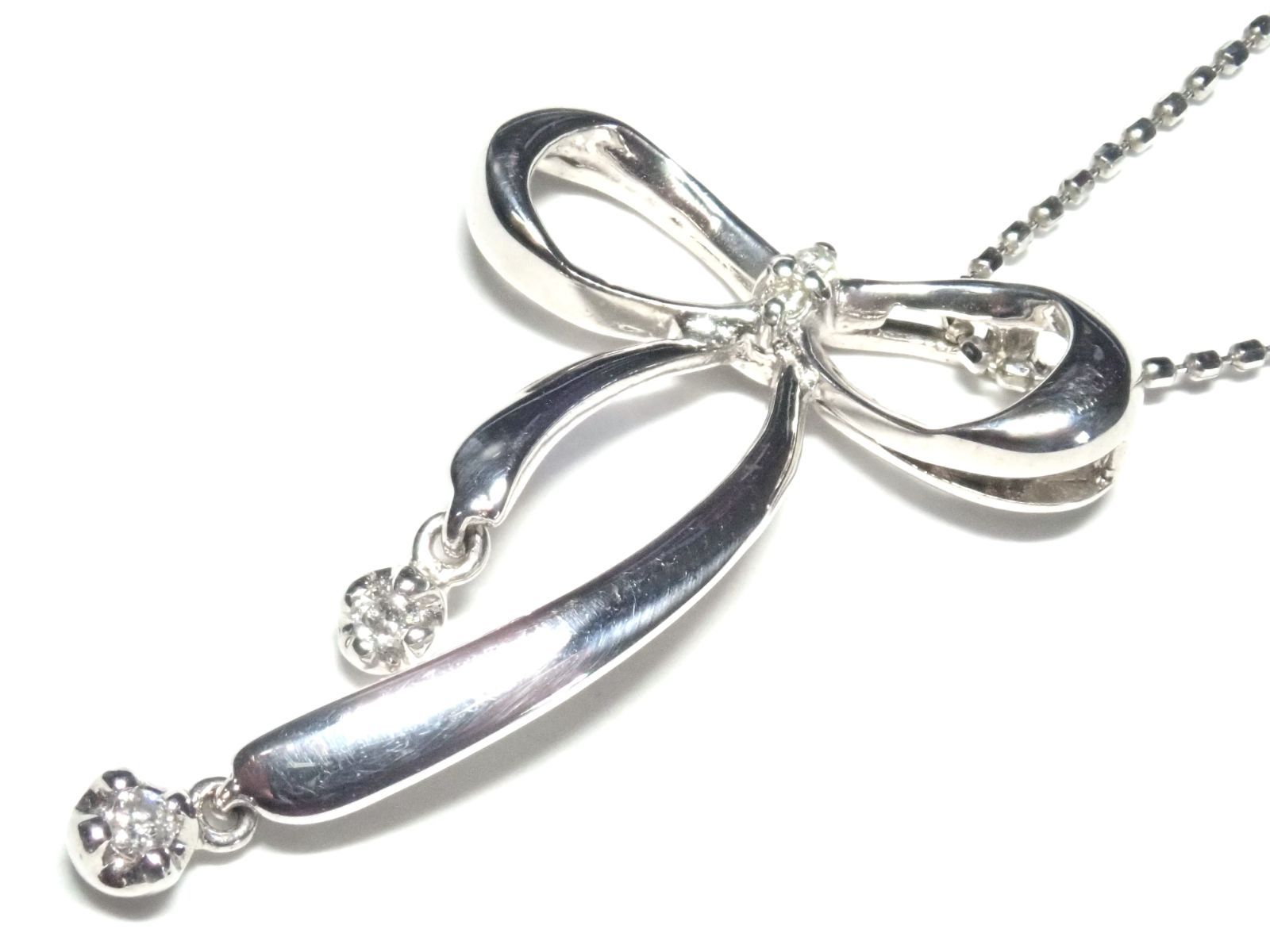 029.K10WG ネックレス D 0.05ct リボン Diamond Necklace 40.0cm